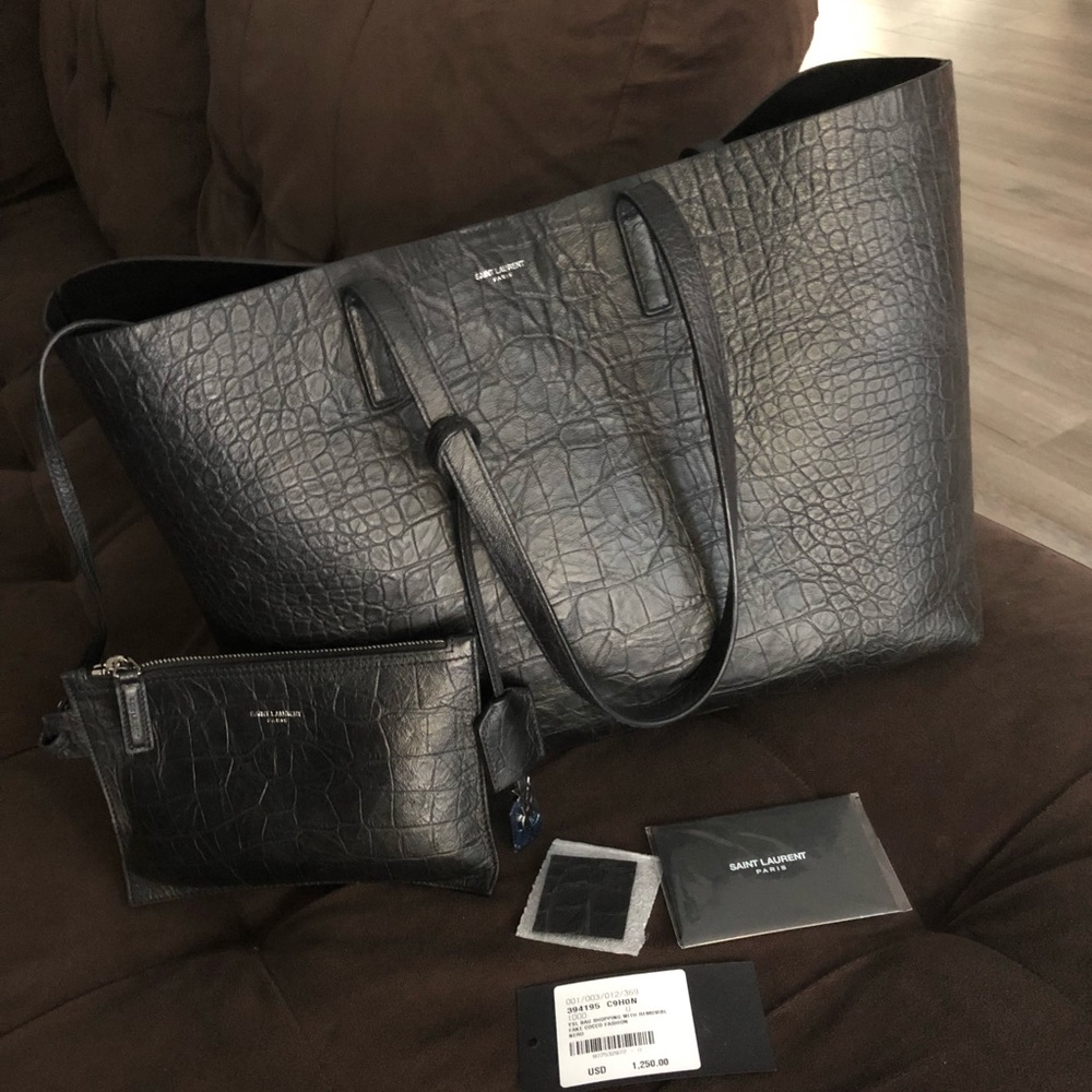 Unique St Laurent Women Croc Embossed Leather Tote